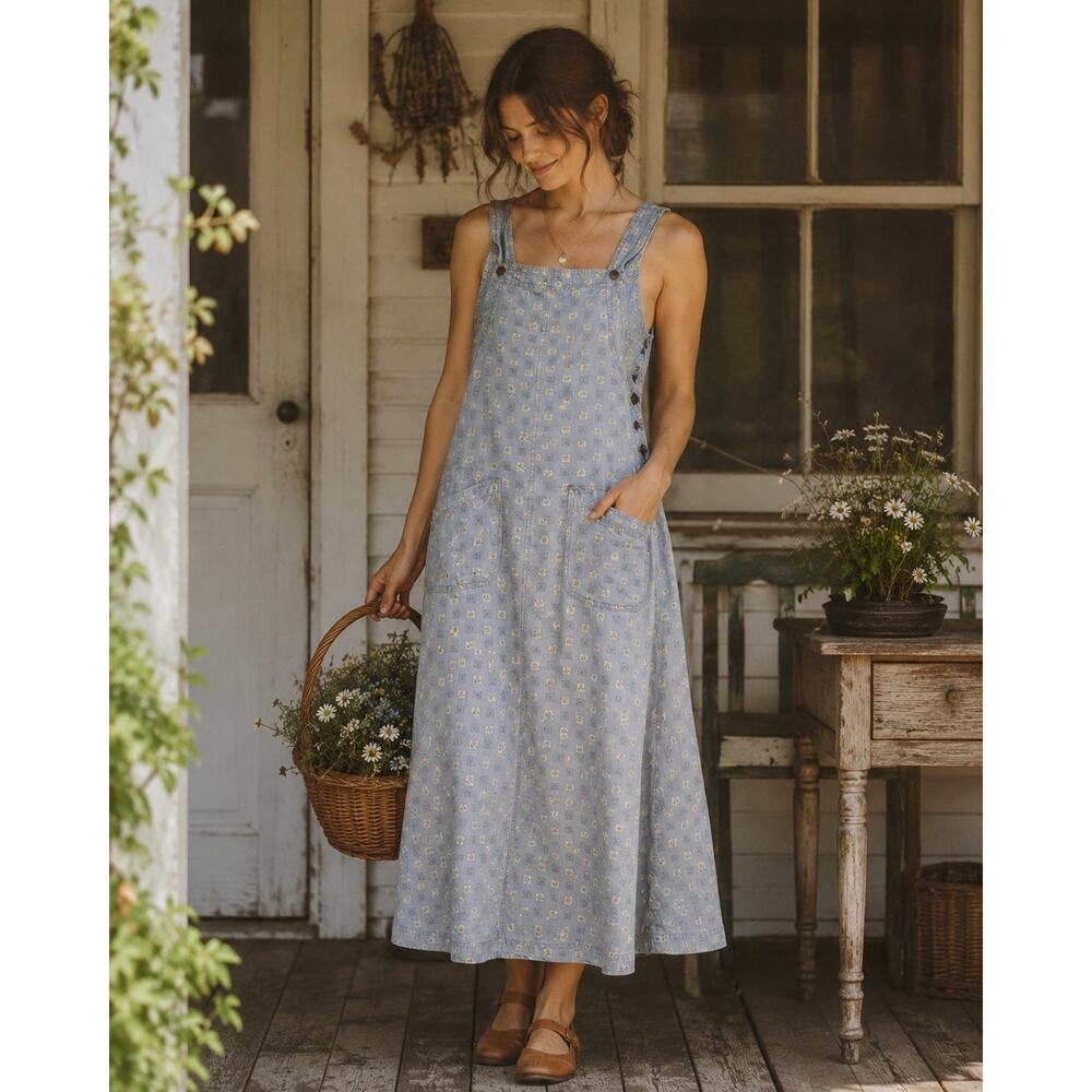 VTG Pulp Overall Dress Floral Sz S Earthy Tencel Lyocell Pockets USA Cottage
